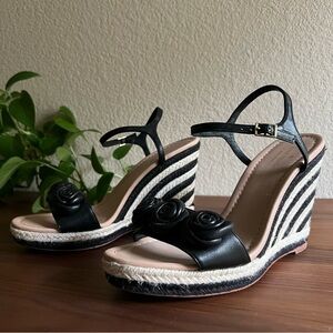 Kate Spade New York Jill Rosette Black Cream Espadrille Platform Wedge Sandals